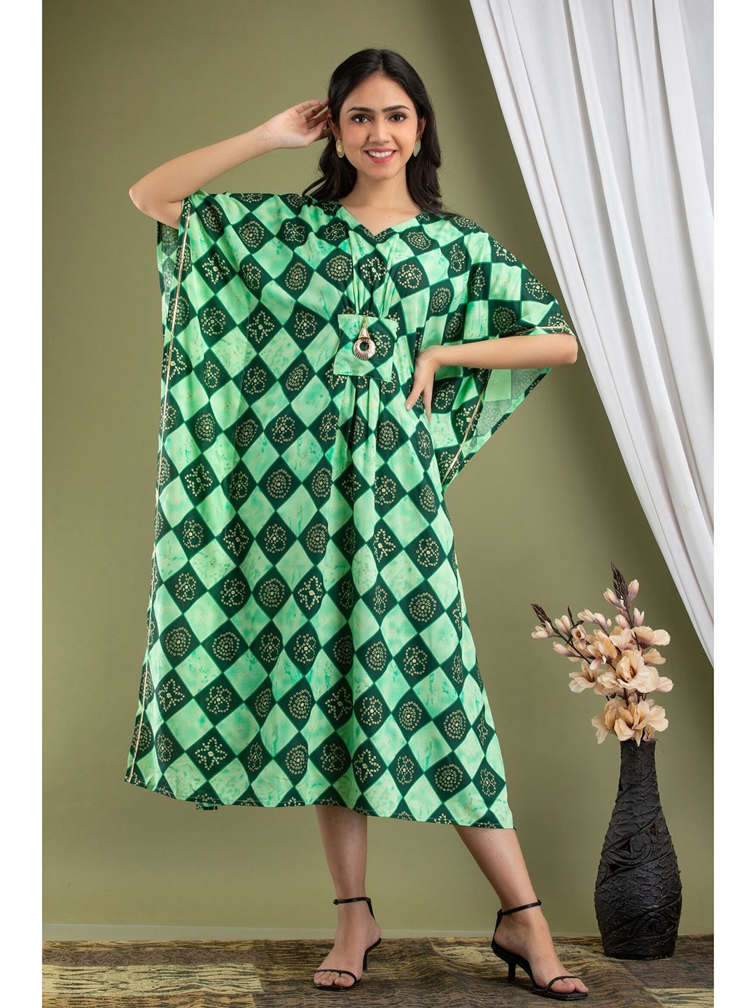 

Mialo fashion Women Bandhani Ethnic Printed Kaftan Dress, Green