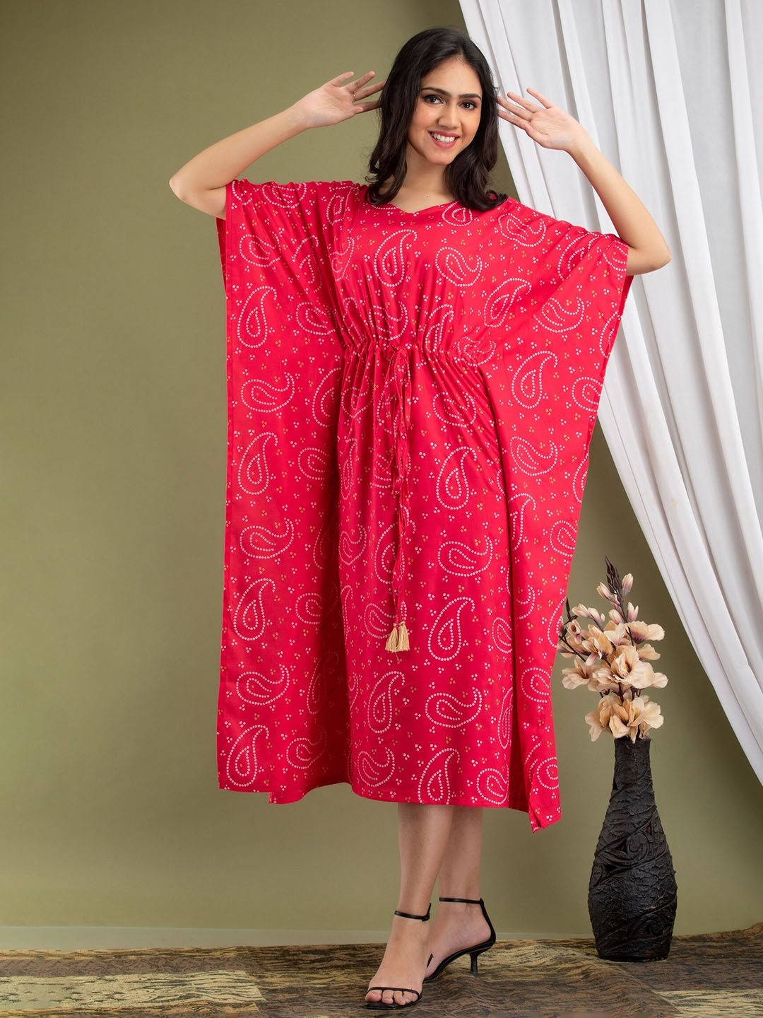 

Mialo fashion Bandhani Ethnic Printed Kimono Sleeve Kaftan Dress, Pink