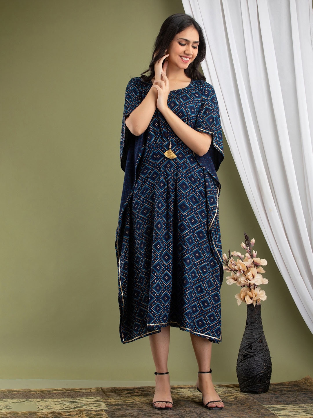 

Mialo fashion Women Bandhani Ethnic Printed Kaftan Dress, Navy blue