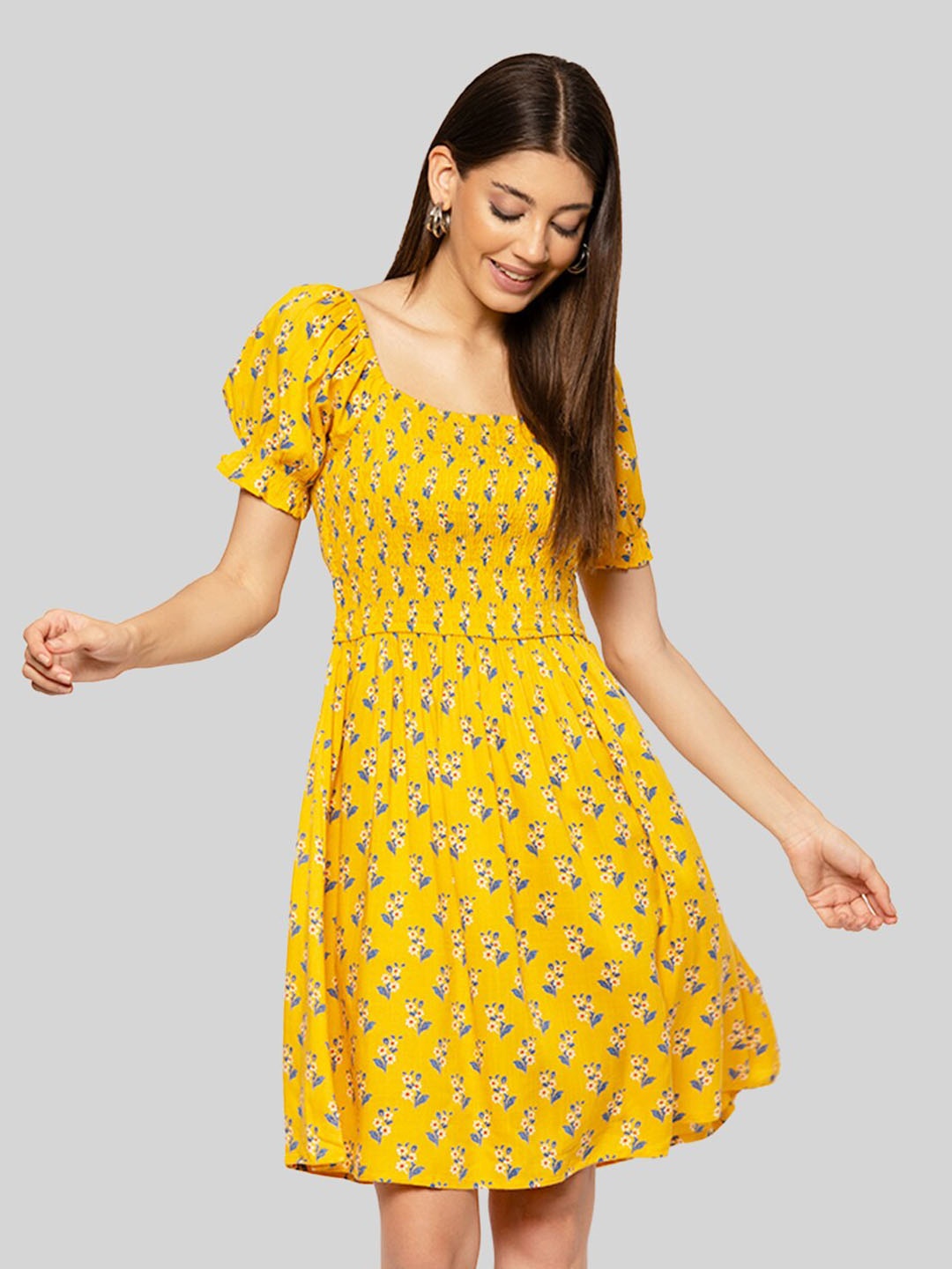

PRETTY LOVING THING Floral Printed Puff Sleeve Fit & Flare Dress, Yellow