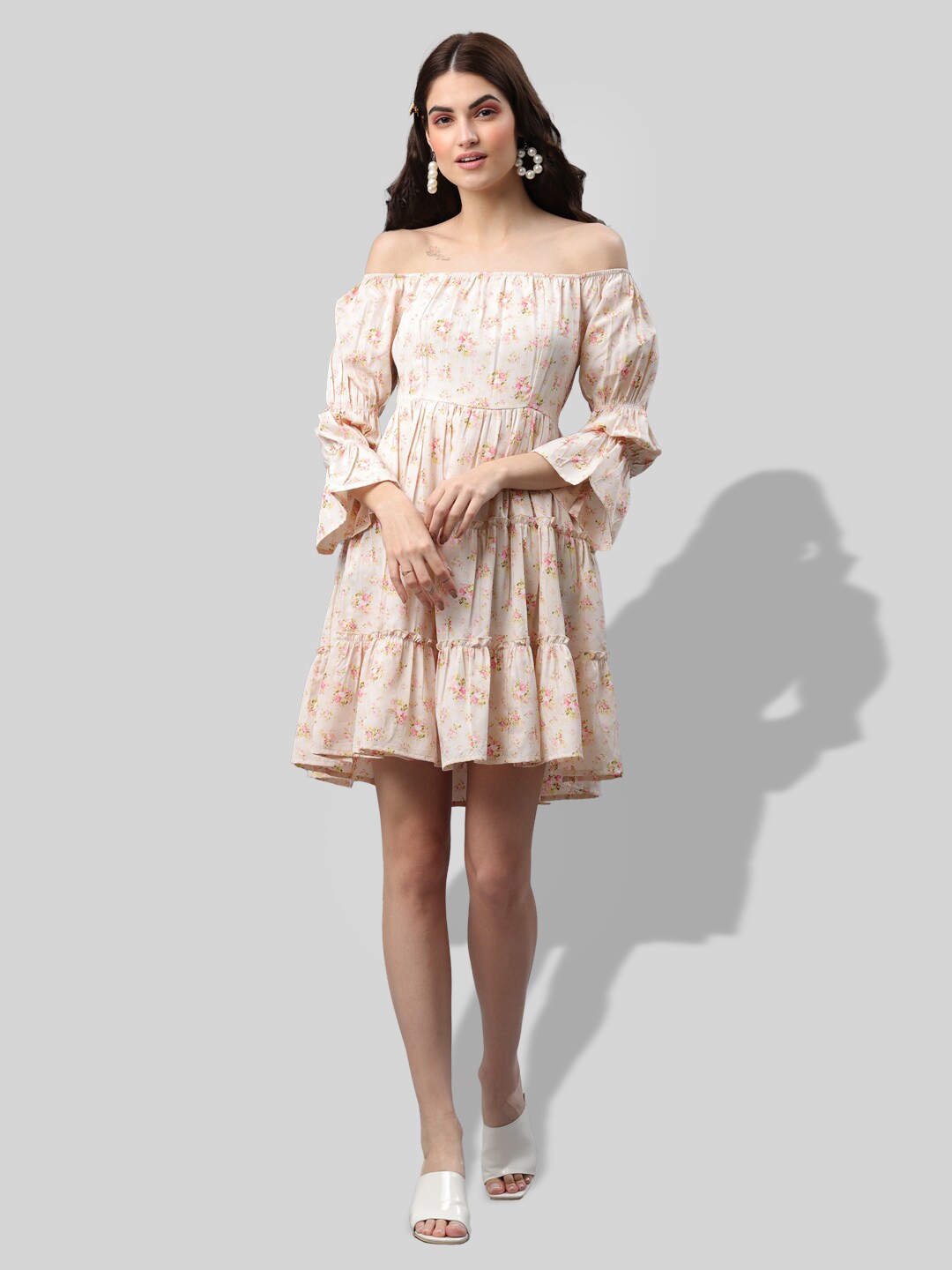 

PRETTY LOVING THING Floral Printed Off-Shoulder Bell Sleeve Fit & Flare Dress, Cream