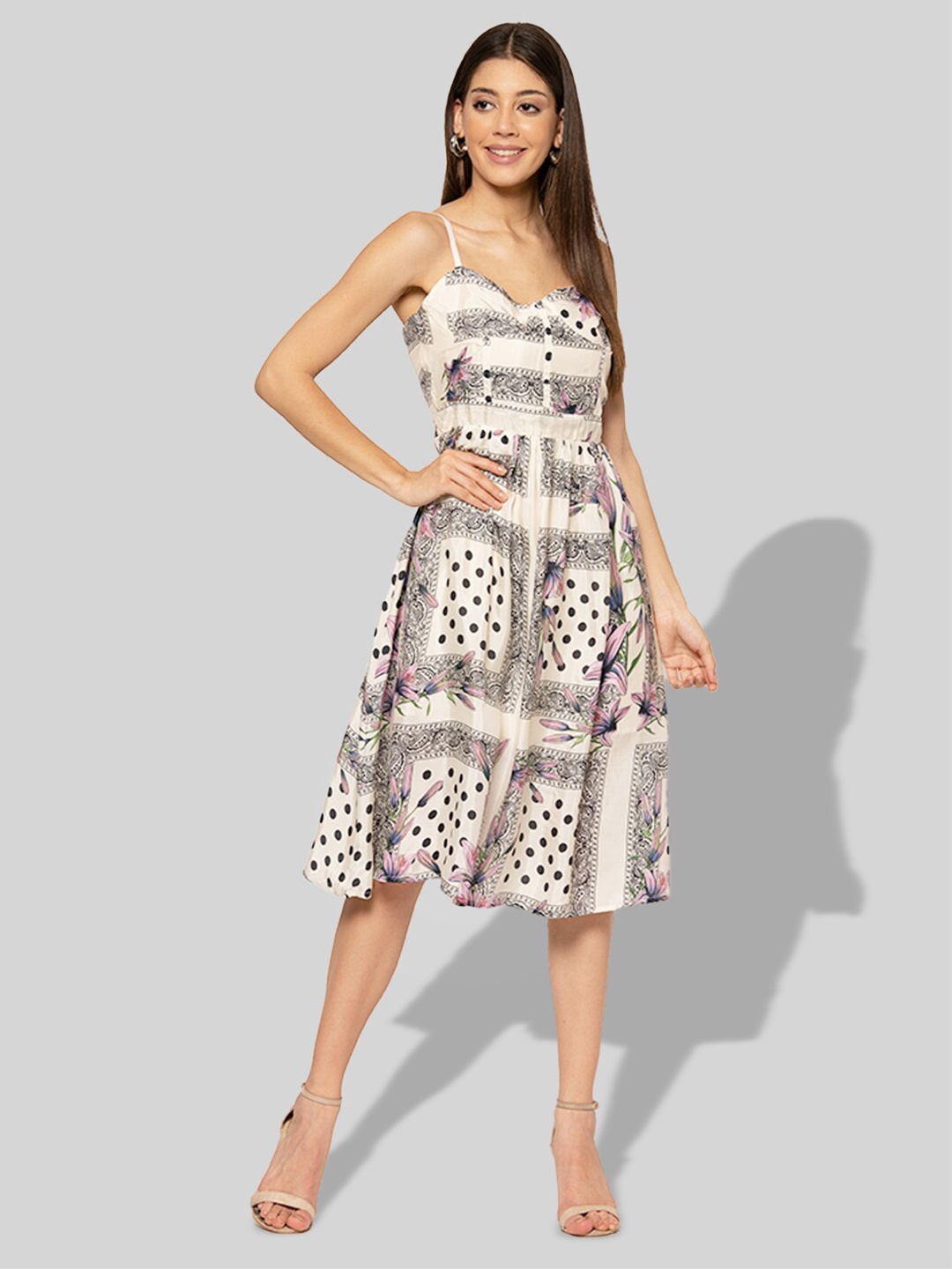 

PRETTY LOVING THING Polka Dot Printed Fit & Flare Midi Dress, Cream