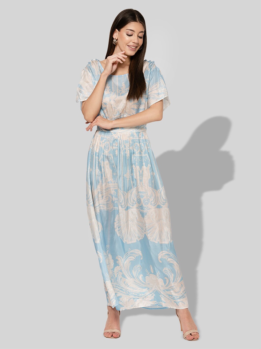 

PRETTY LOVING THING Ethnic Motifs Print Flared Sleeve Maxi Dress, Blue