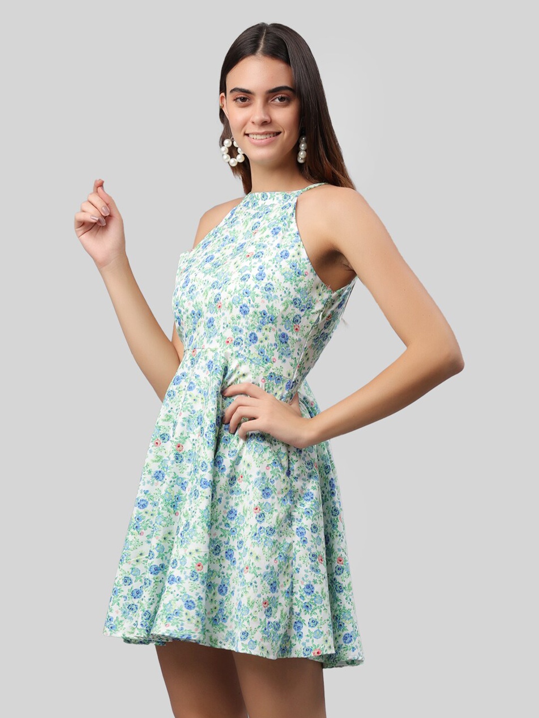 

PRETTY LOVING THING Halter Neck Floral Printed Fit & Flare Dress, White
