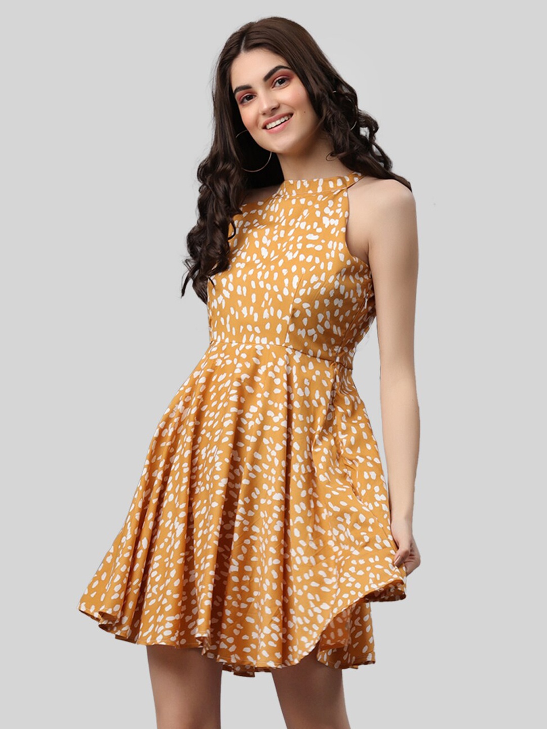 

PRETTY LOVING THING Halter Neck Floral Printed Fit & Flare Dress, Mustard
