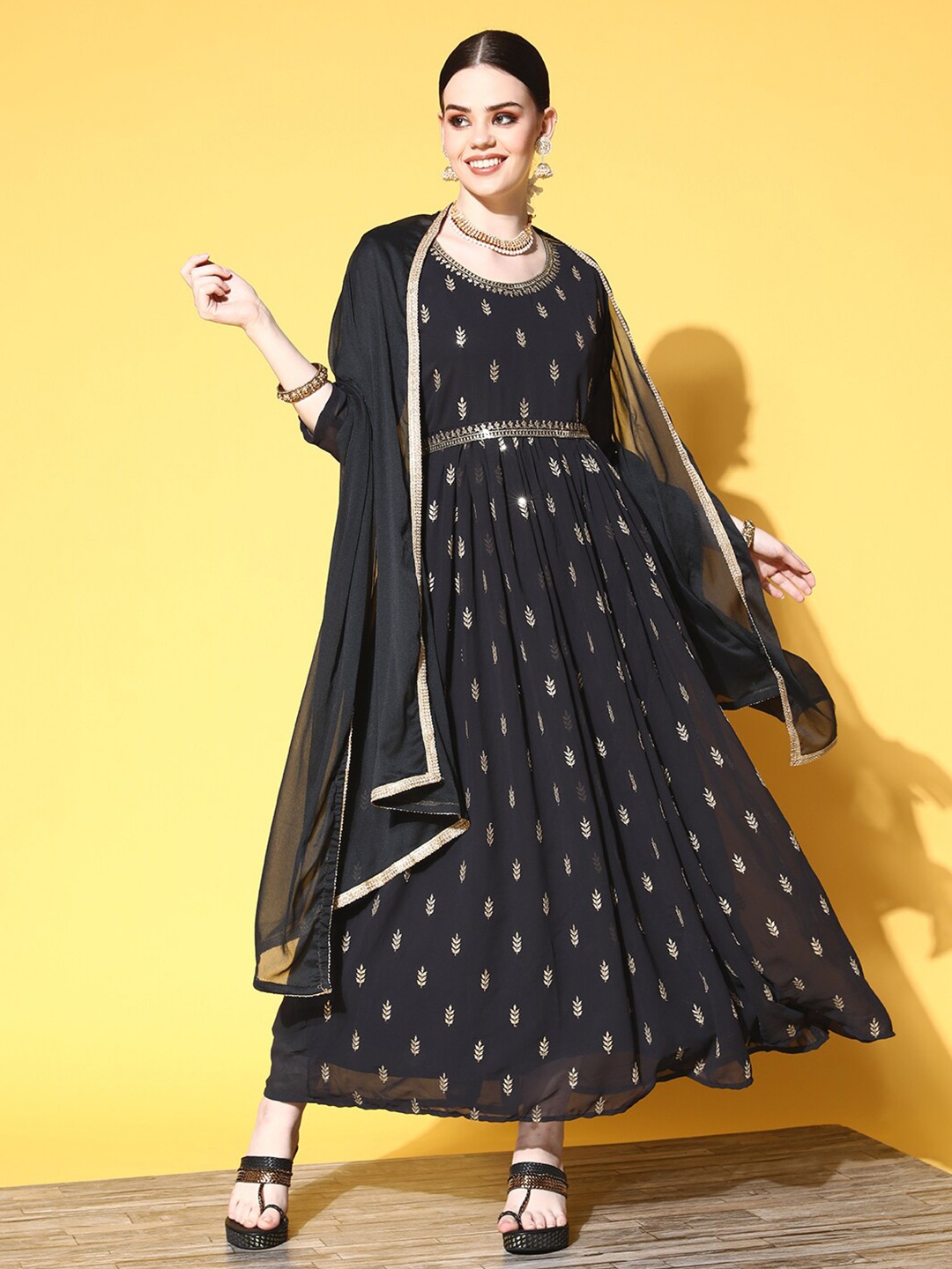 

Sunehri Charcoal Grey Ethnic Motifs Print Georgette Maxi Dress With Dupatta