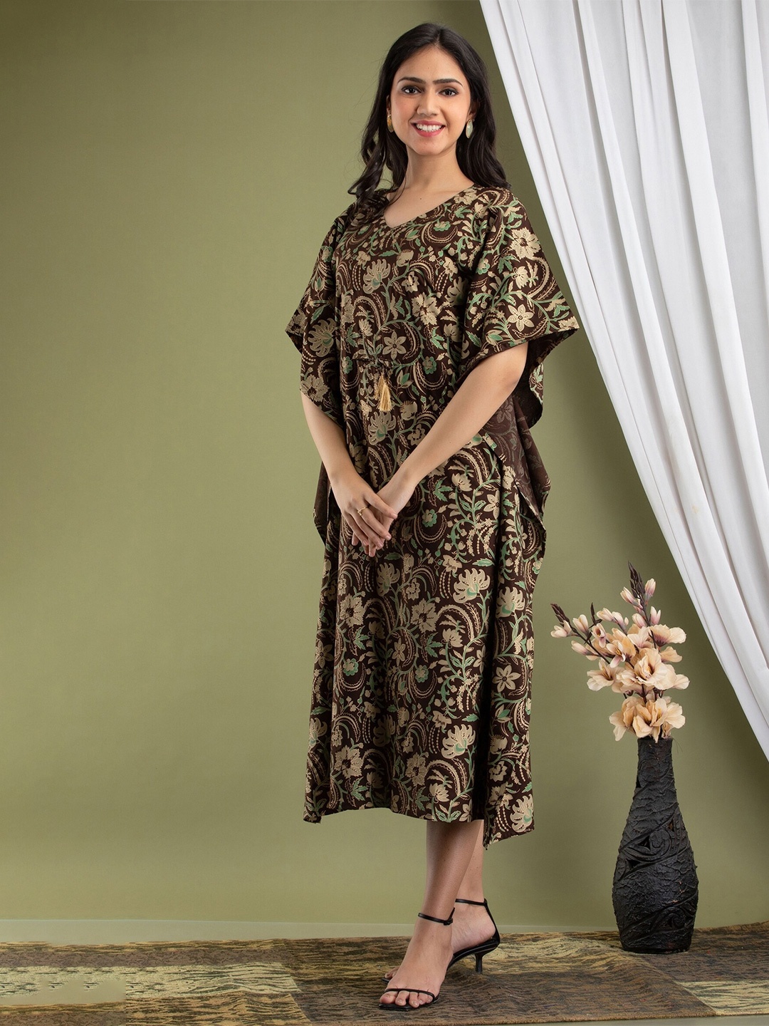 

Mialo fashion Ethnic Printed Kaftan Dress, Brown