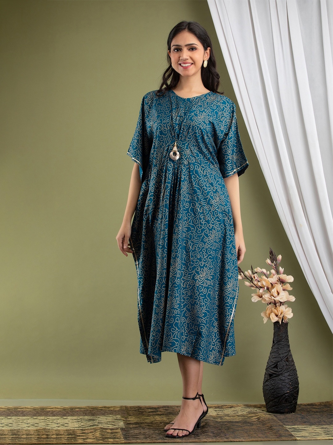 

Mialo fashion Bandhani Ethnic Printed Kaftan Dress, Teal