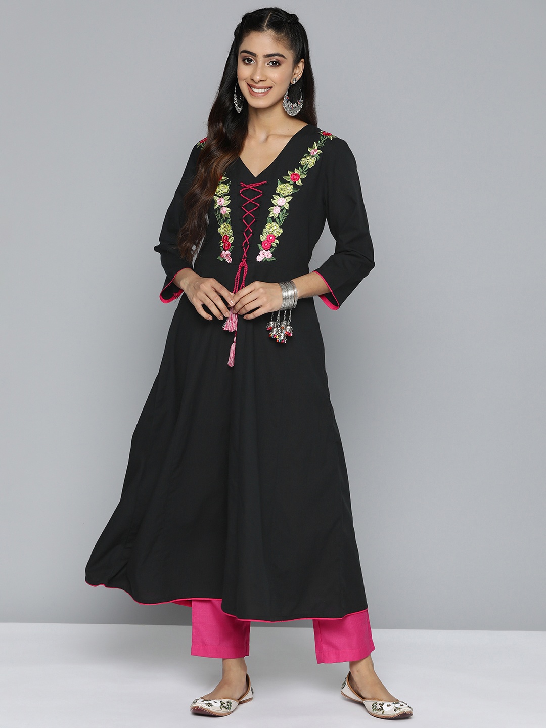 

HERE&NOW Floral Yoke Design Sequinned Floral Kurta, Black