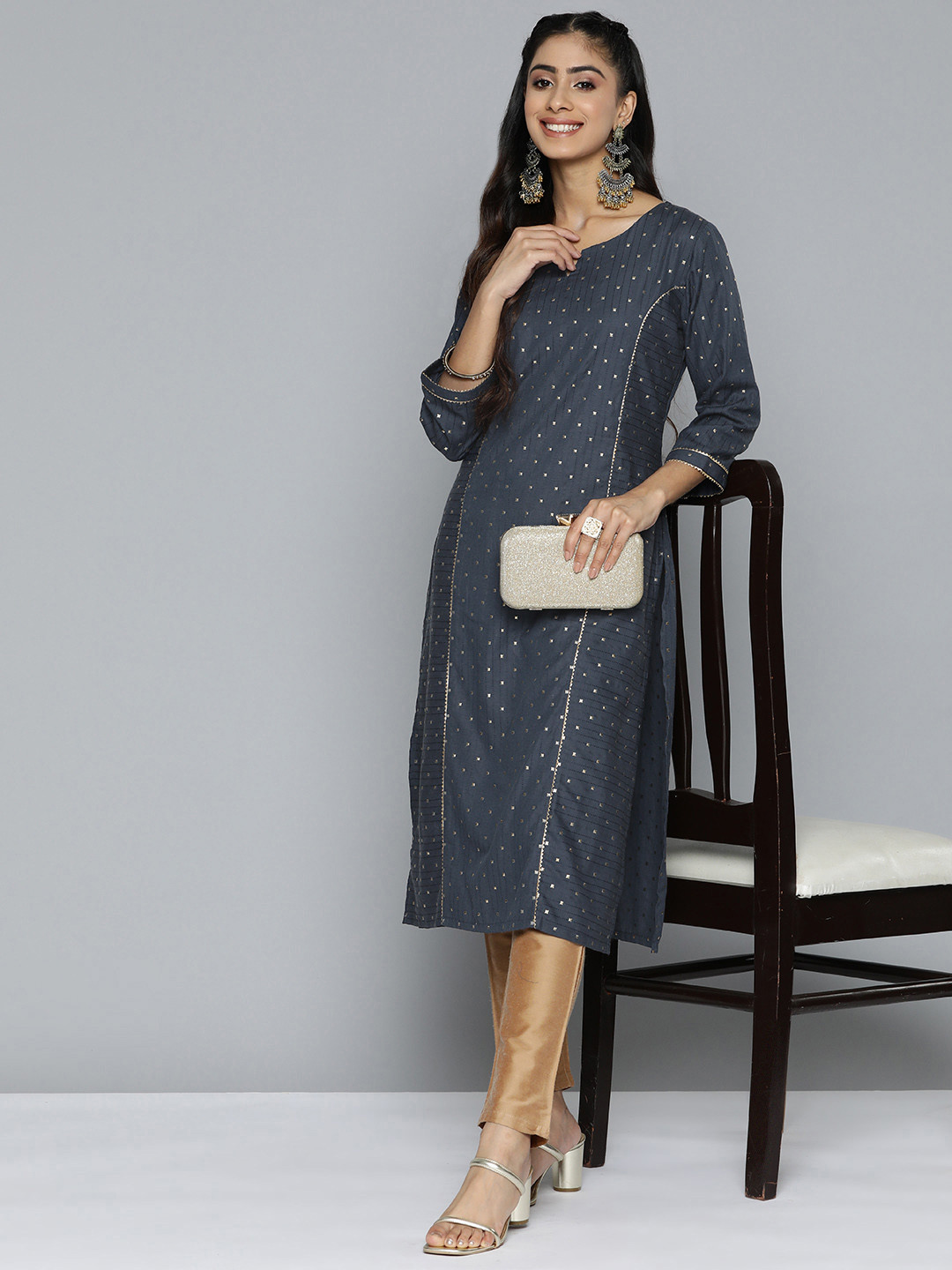 

HERE&NOW Geometric Printed Gotta Patti Kurta, Navy blue