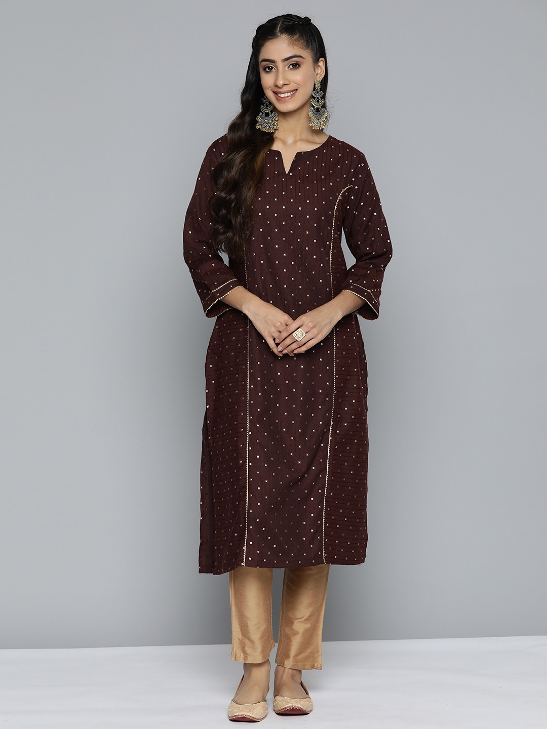 

HERE&NOW Geometric Embroidered Gotta Patti Kurta, Brown