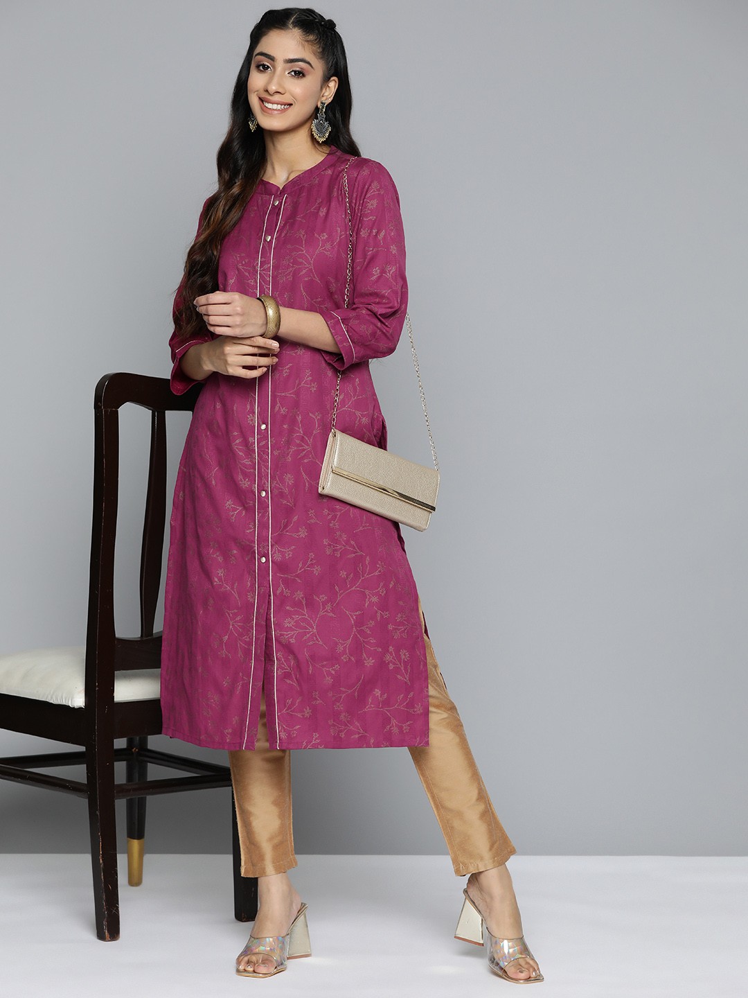 

HERE&NOW Floral Printed Kantha Work Kurta, Pink