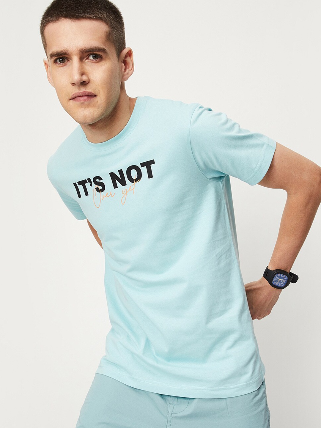

max Typography Printed Pure Cotton T-shirt, Blue