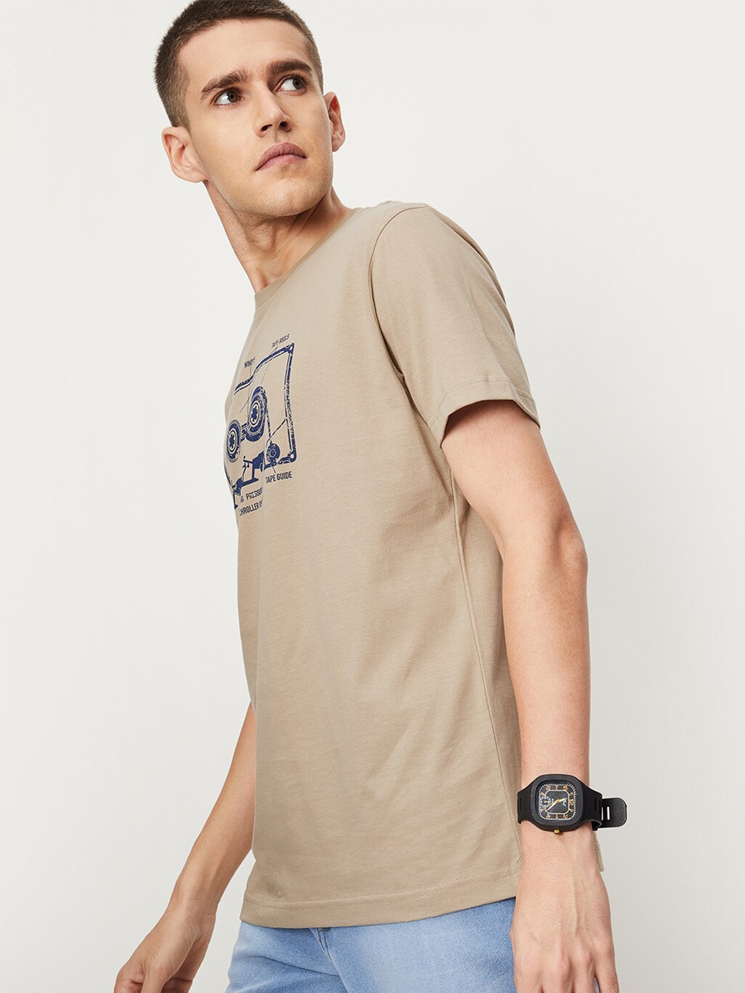 

max Graphic Printed Pure Cotton T-shirt, Beige