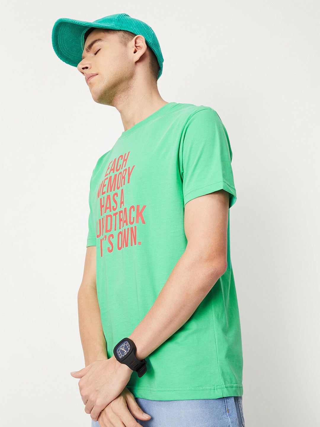 

max Typography Printed Pure Cotton T-shirt, Green