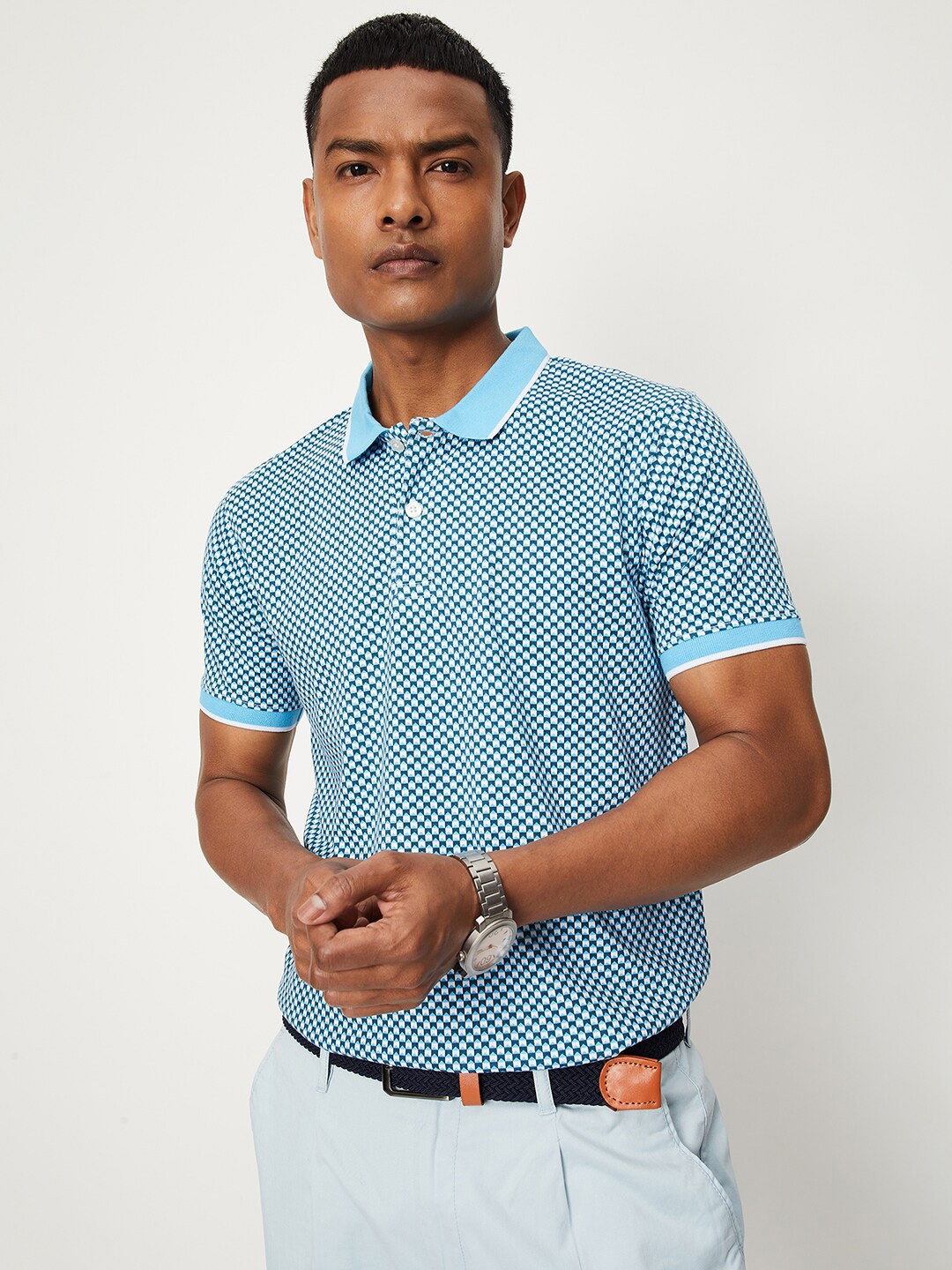 

max Geometric Printed Polo Collar T-shirt, Blue