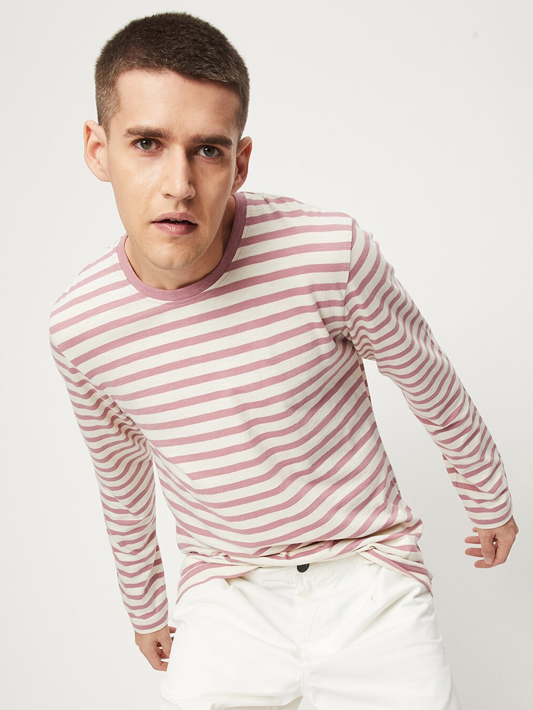 

max Striped Round Neck Pure Cotton T-shirt, Off white