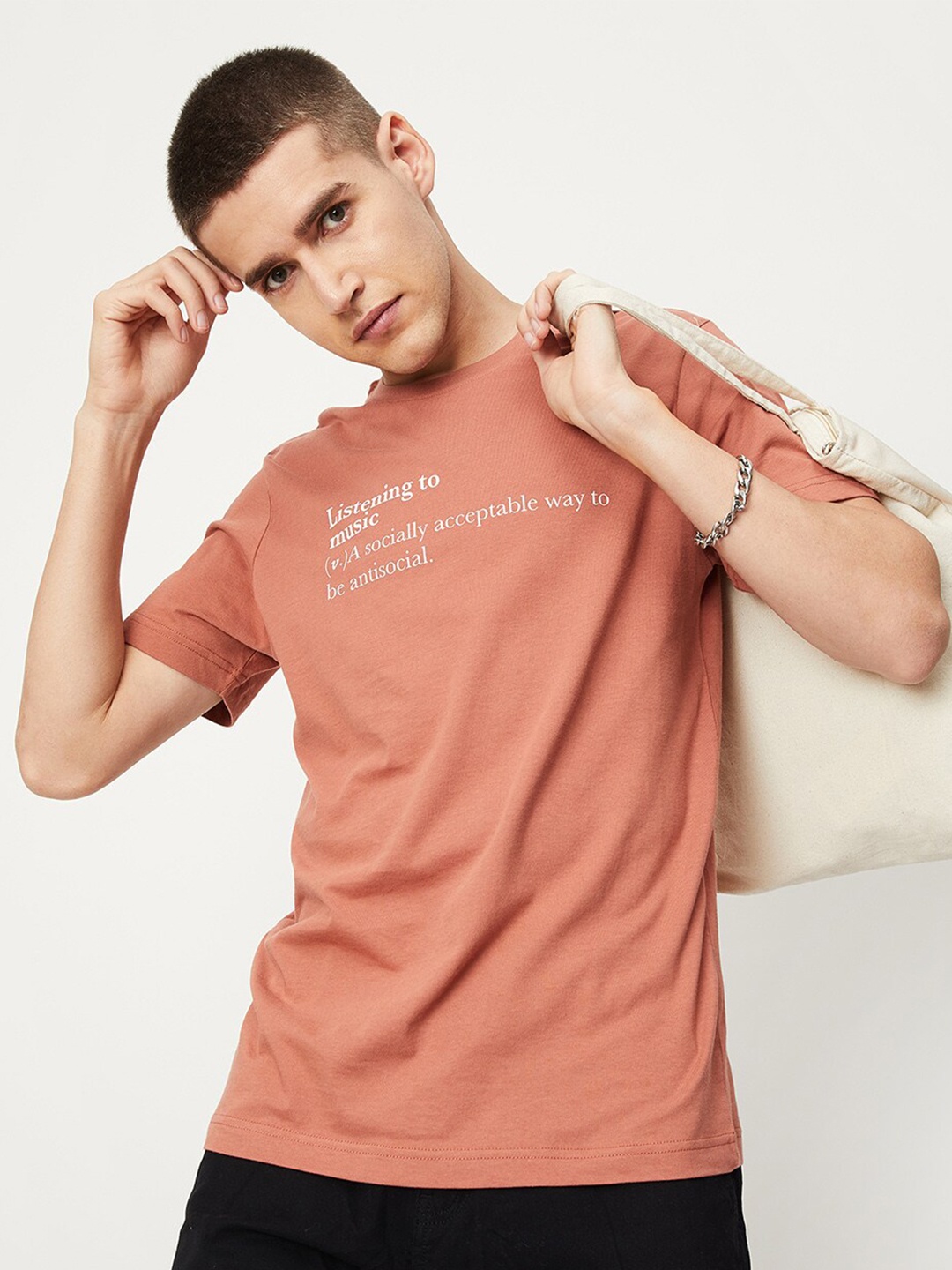 max Typography Printed Pure Cotton T-shirt, Rust