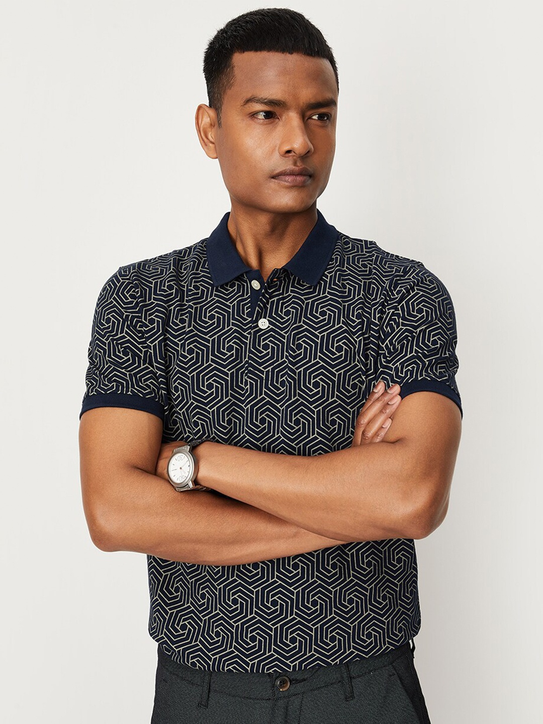 

max Geometric Printed Polo Collar T-shirt, Navy blue