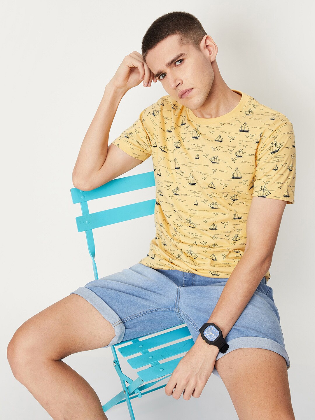 

max Conversational Printed Round Neck Pure Cotton T-shirt, Yellow