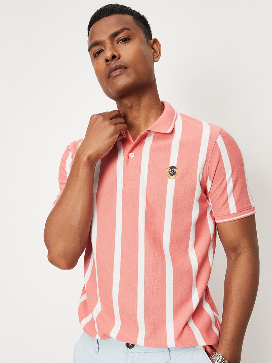 

max Striped Polo Collar Short Sleeves T-shirt, Peach