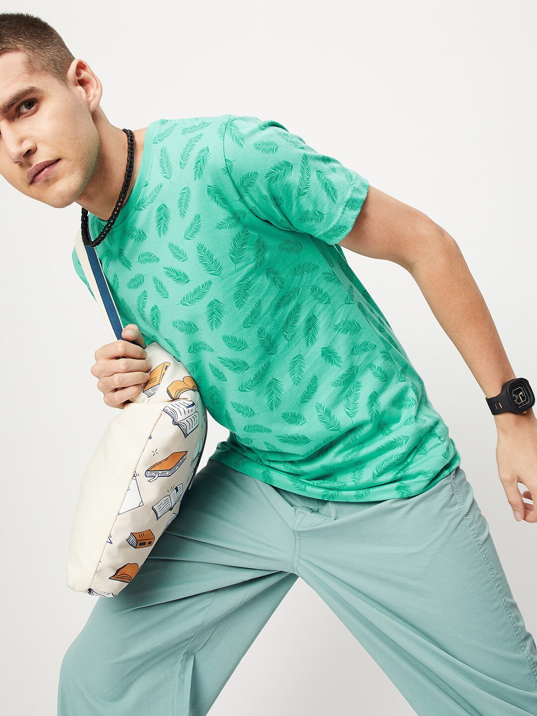 

max Tropical Printed Pure Cotton T-shirt, Green