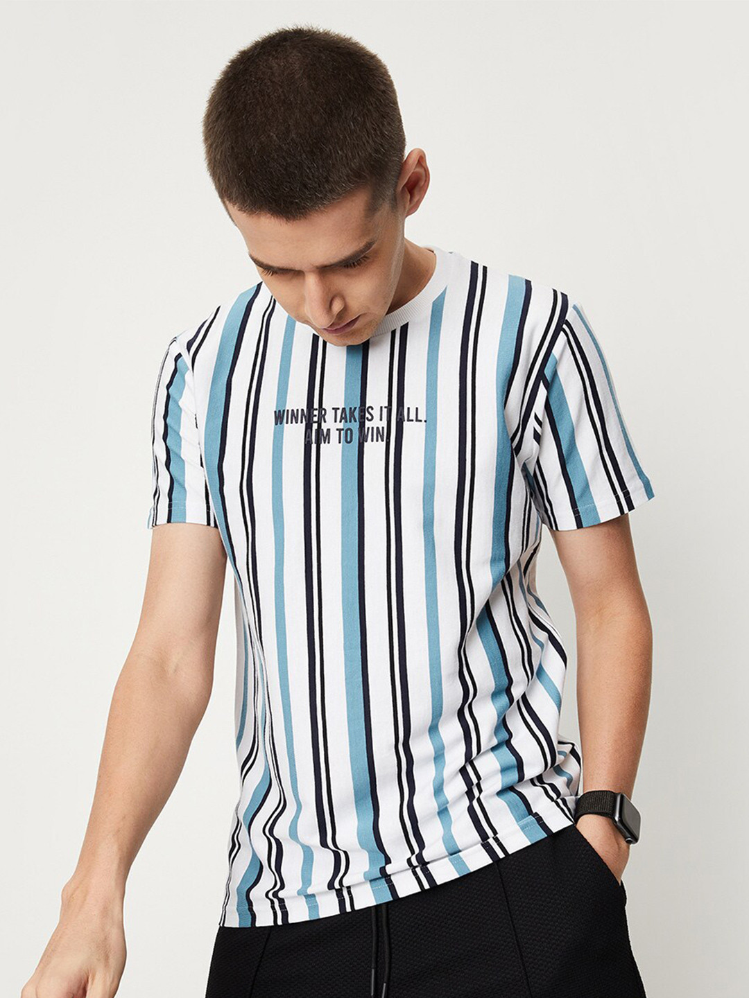 

max Striped Round Neck Pure Cotton T-shirt, White