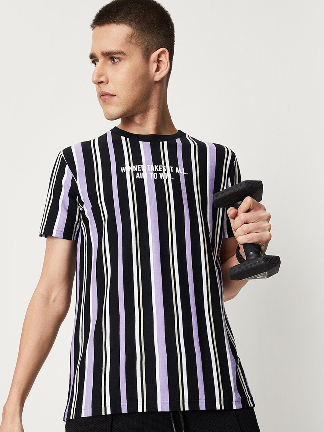 

max Striped Round Neck Pure Cotton Sports T-shirt, Black