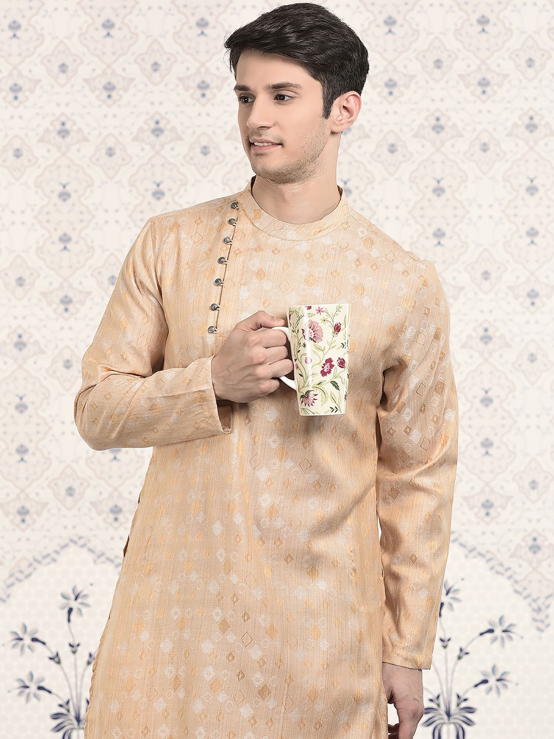 

Ode by House of Pataudi Woven Design Mandarin Collar Kurta, Cream