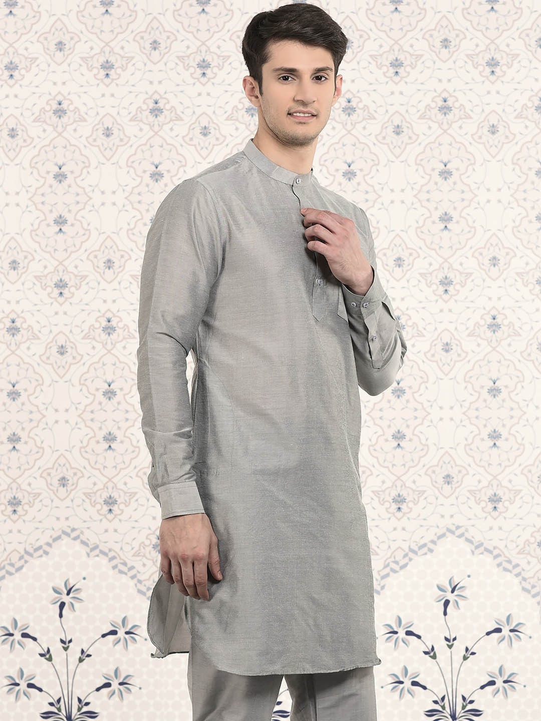

Ode by House of Pataudi Grey Mandarin Collar Regular Kurta