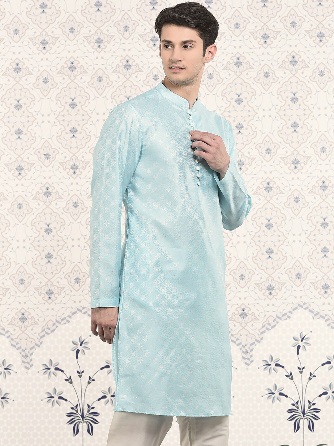 

Ode by House of Pataudi Blue Geometric Woven design Regular Jacquard Kurta