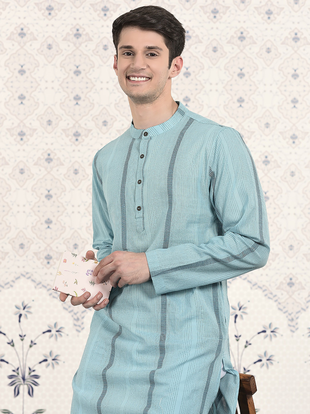 

Ode by House of Pataudi Blue & Teal green Stripes Woven Design Jacquard Kurta
