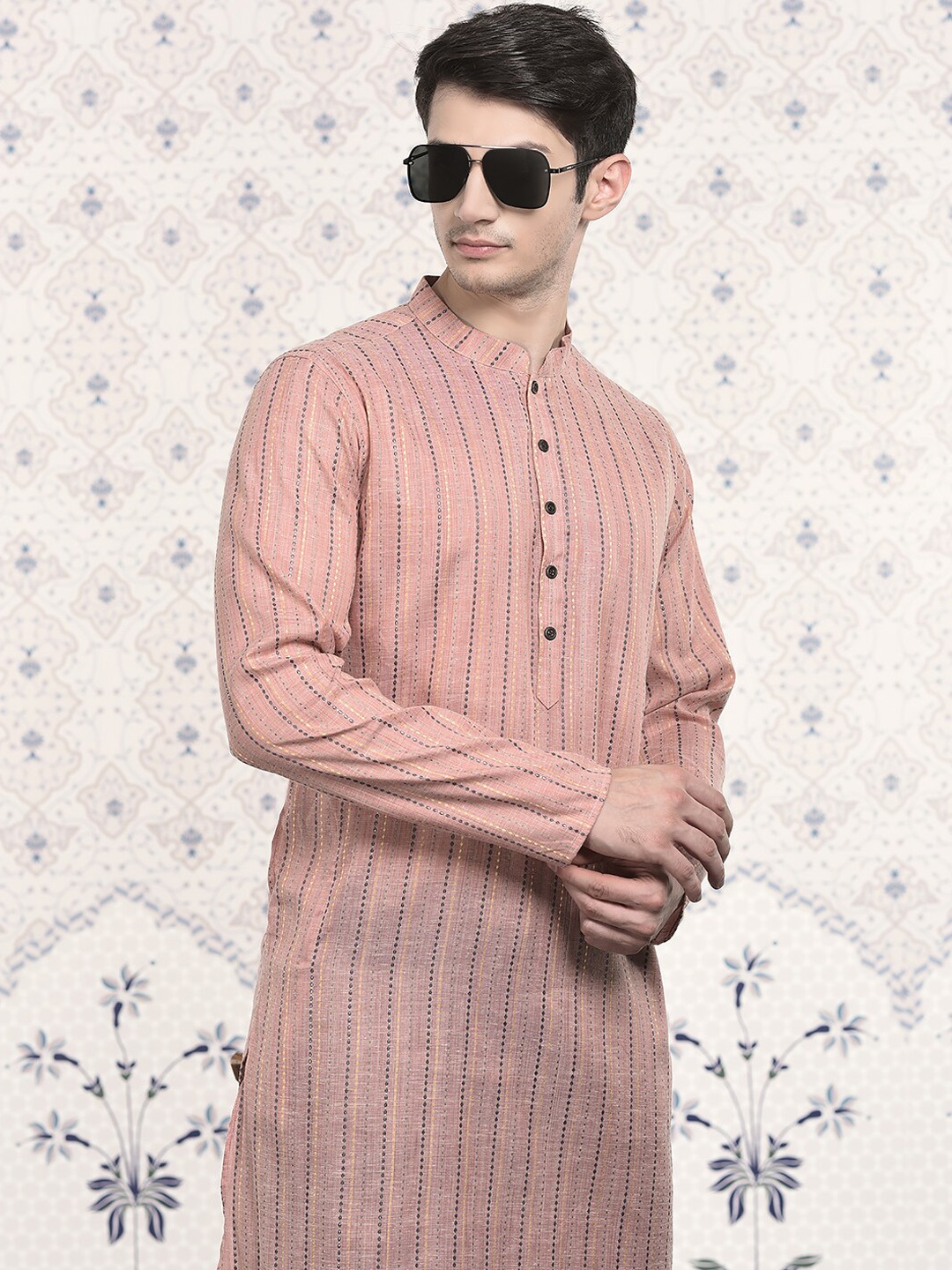 

Ode by House of Pataudi Pink & Black Stripes Woven Design Mandarin Collar Straight Kurta