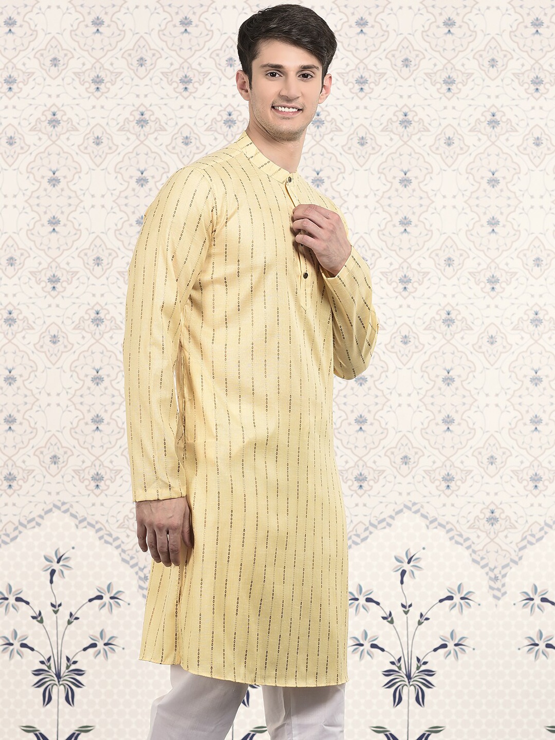 

Ode by House of Pataudi Yellow & Brown Stripes Woven Design Mandarin Collar Straight Kurta