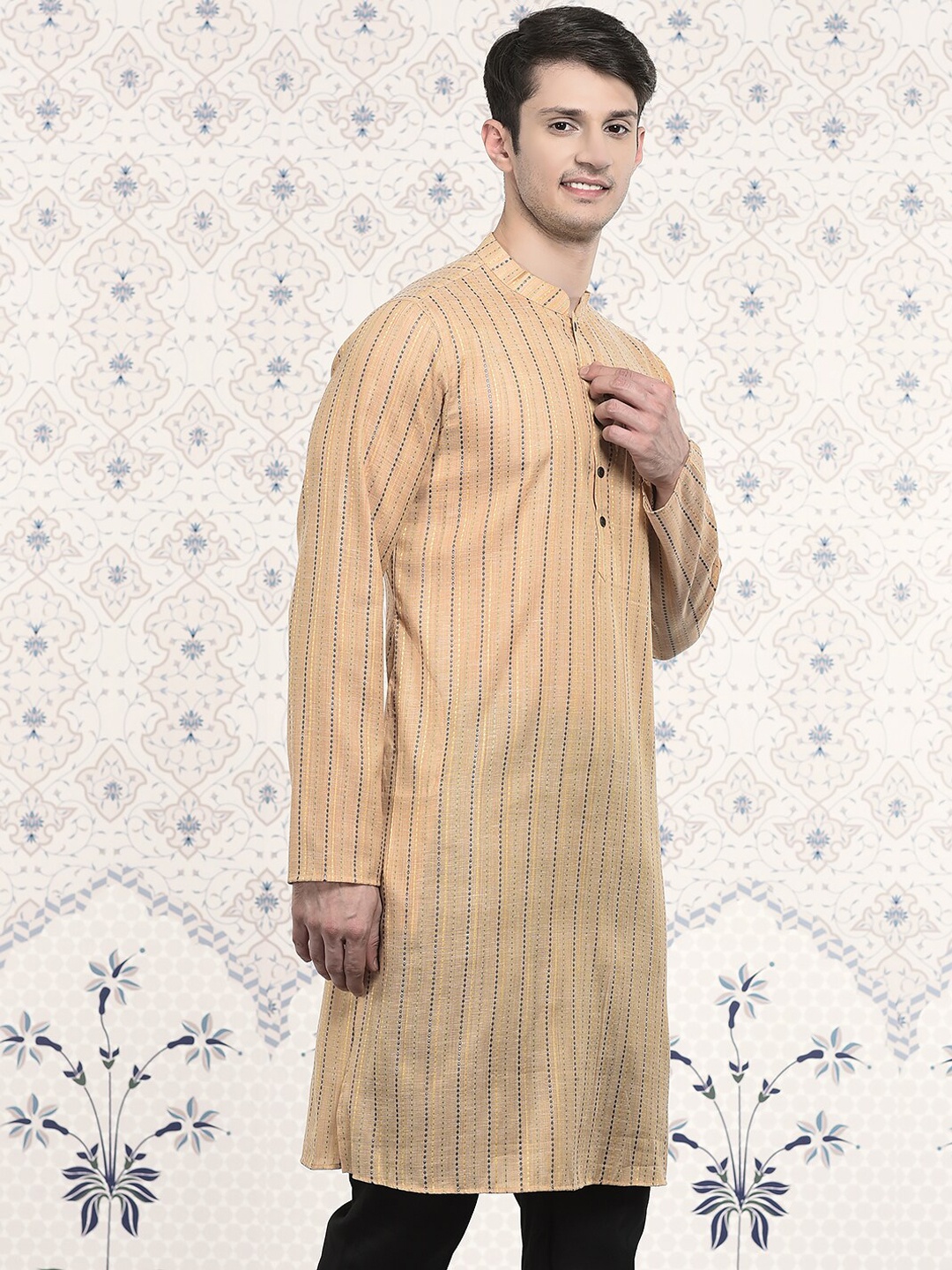 

Ode by House of Pataudi Striped Thread Work Kurta, Beige