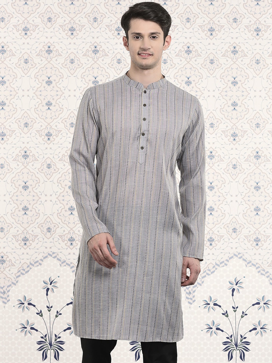 

Ode by House of Pataudi Stripes Silver Tone & Black Woven Design Mandarin Collar Kurta