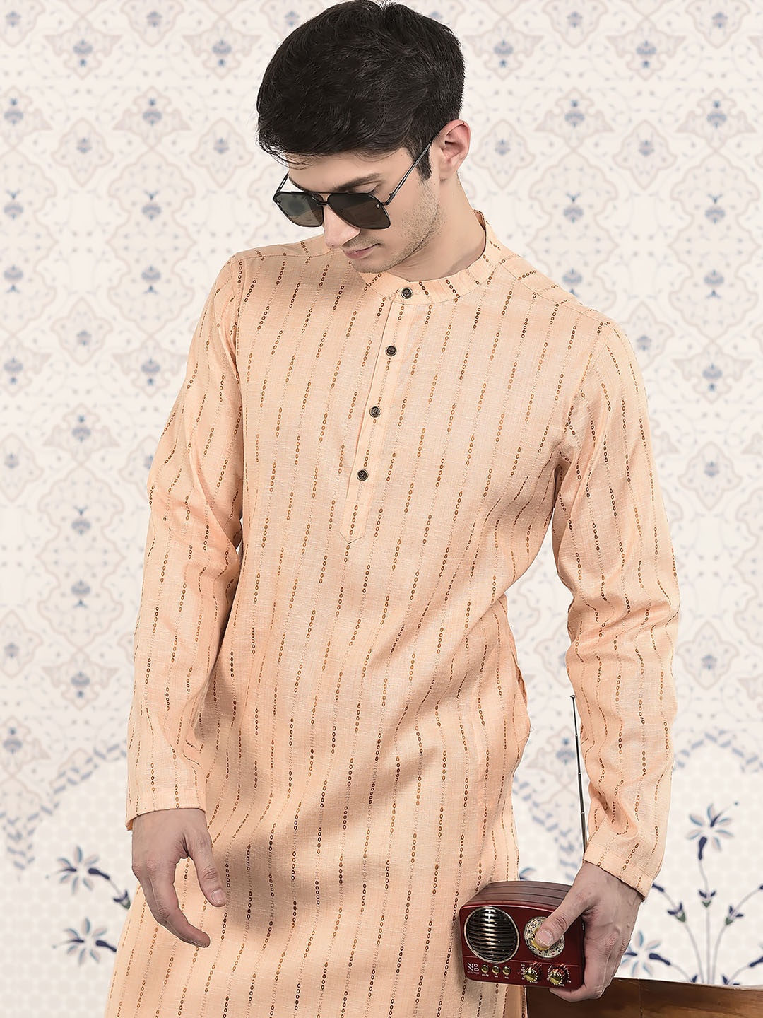 

Ode by House of Pataudi Orange & Brown Stripes Woven Design Mandarin Collar Jacquard Kurta