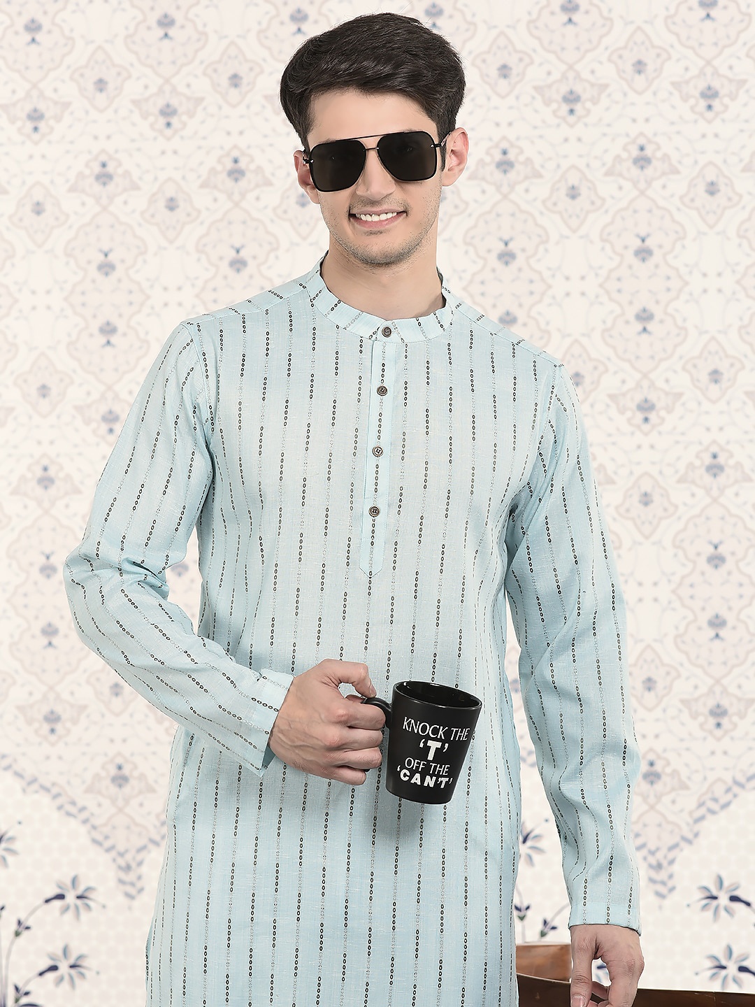 

Ode by House of Pataudi Blue Stripes Woven Design Mandarin Collar Jacquard Kurta