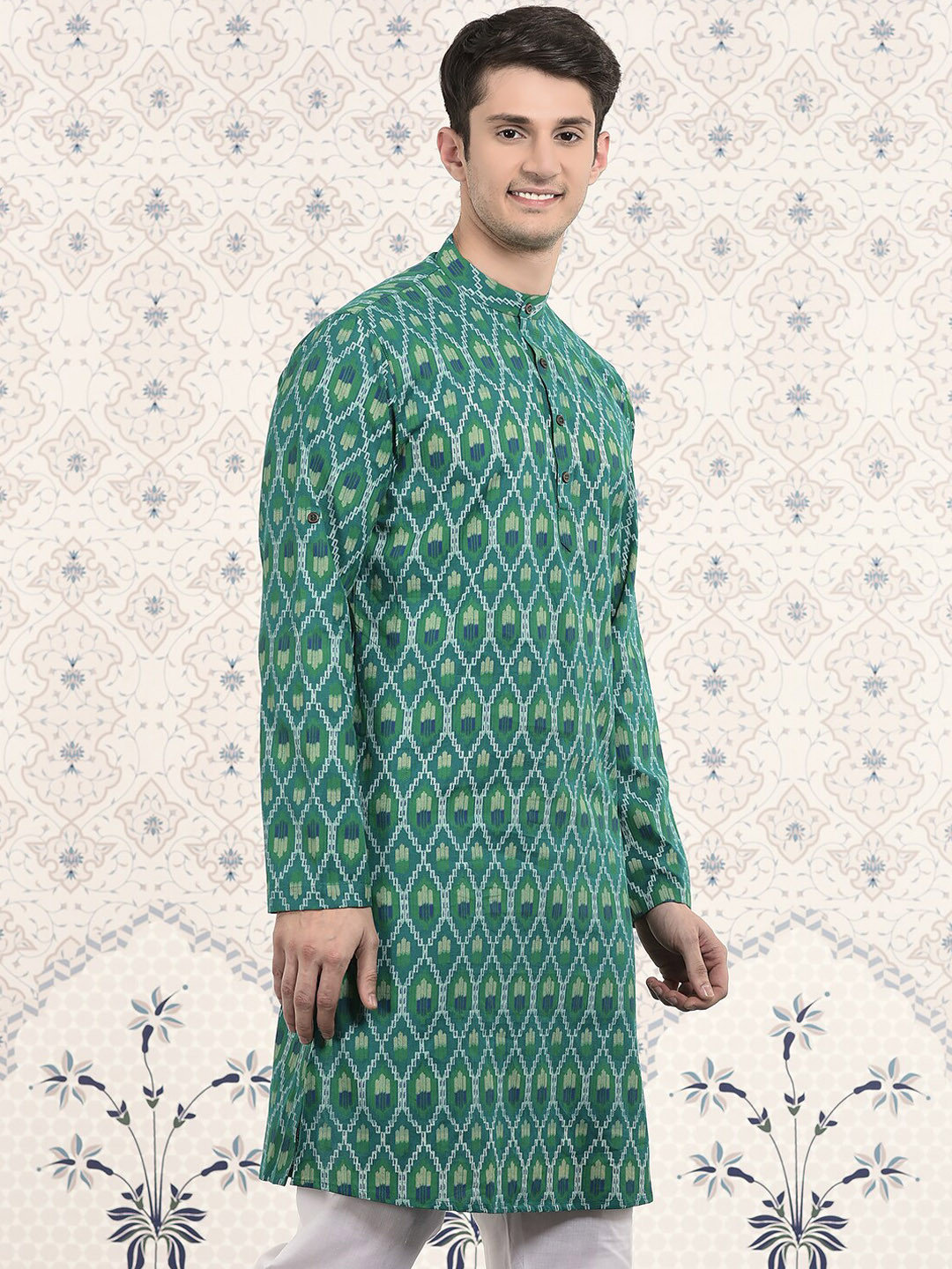 

Ode by House of Pataudi Green & Blue Geometric Woven Design Cotton Kurta