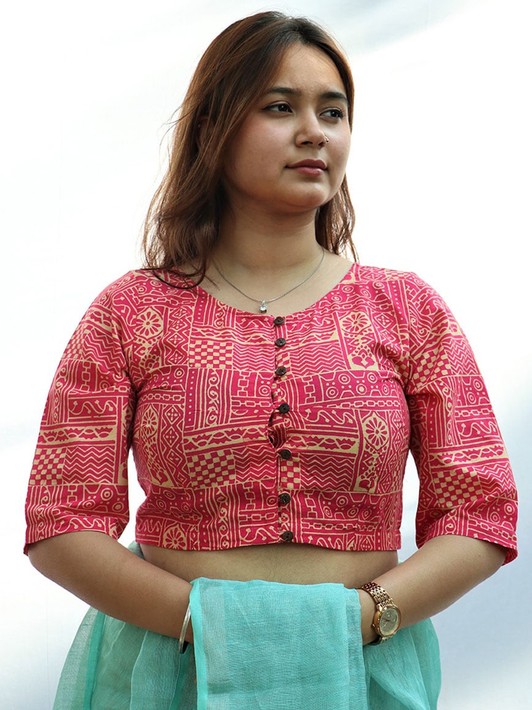 

Chidiyaa Printed Round Neck Three-Quarter Sleeves Cotton Saree Blouse, Red
