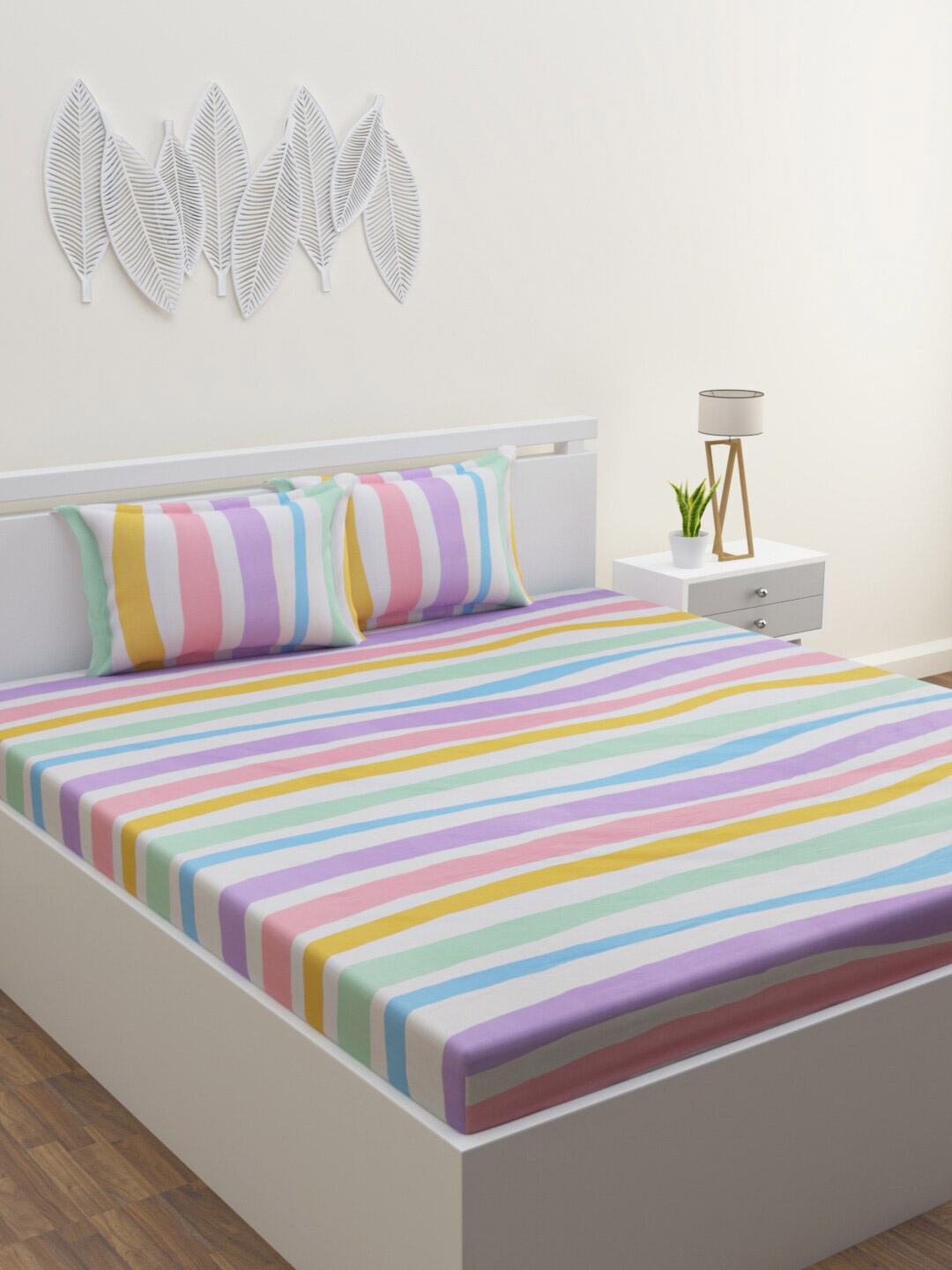 

HOME AFFAIRS White & Purple Striped 120 TC Queen Bedsheet & 2 Pillow Covers