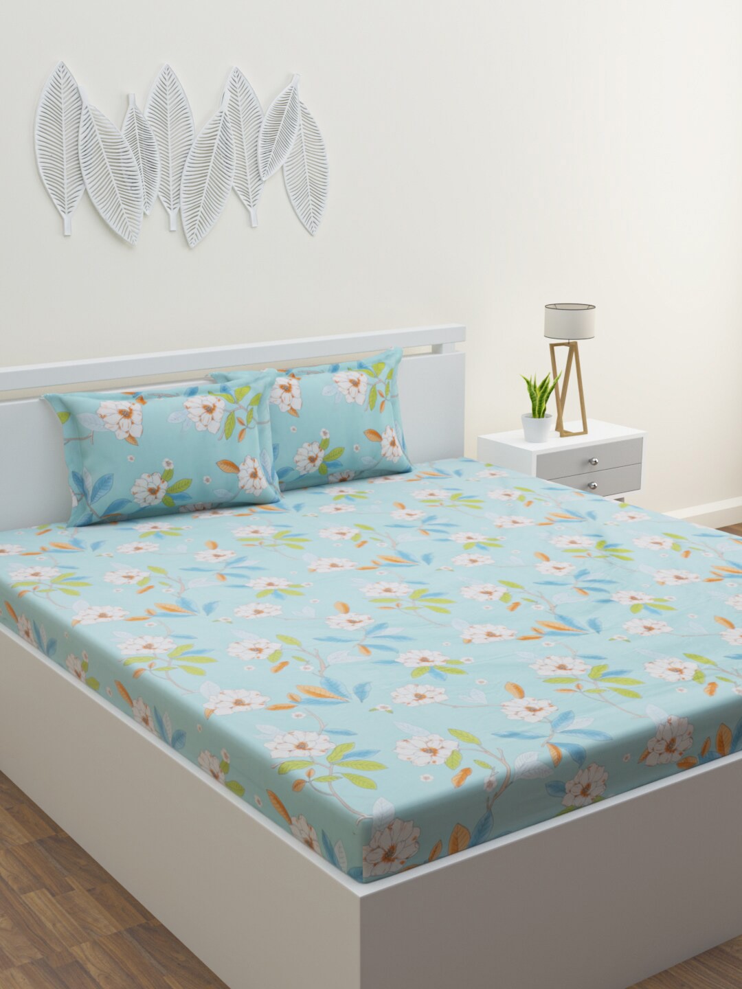 

HOME AFFAIRS Blue & Green Floral 120 TC Queen Bedsheet With 2 Pillow Covers