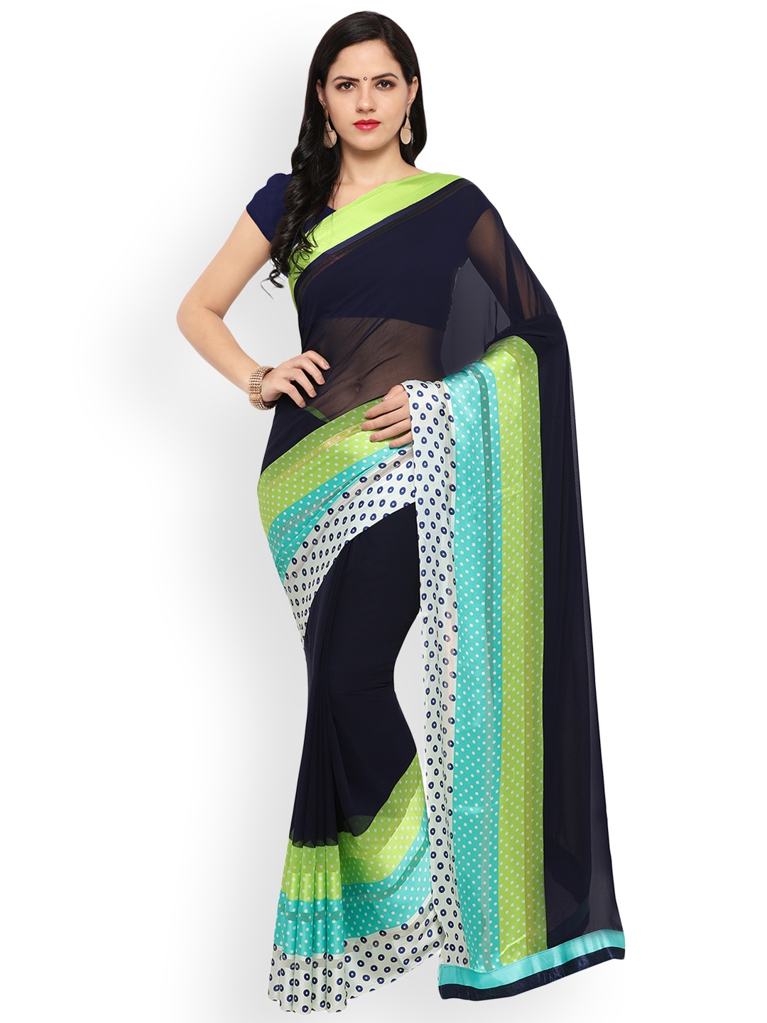 

Blissta Navy Blue & Multicoloured Poly Georgette Printed Saree