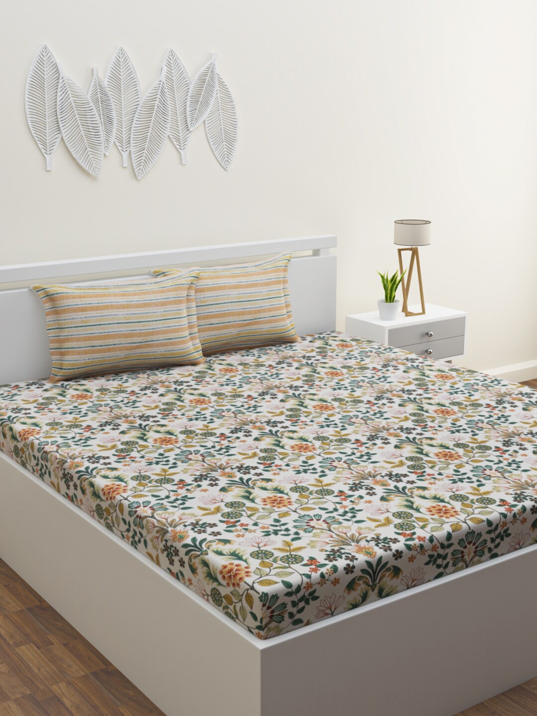 

HOME AFFAIRS Beige & Green Floral Printed 144 TC Cotton Queen Bedsheet & 2 Pillow Covers