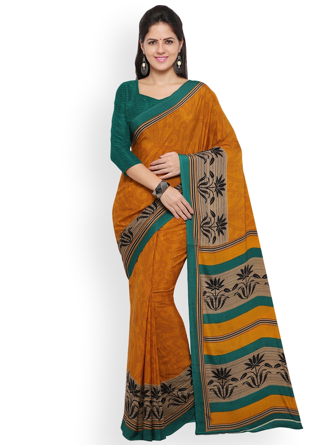 

Mitera Mustard & Green Pure Crepe Printed Saree