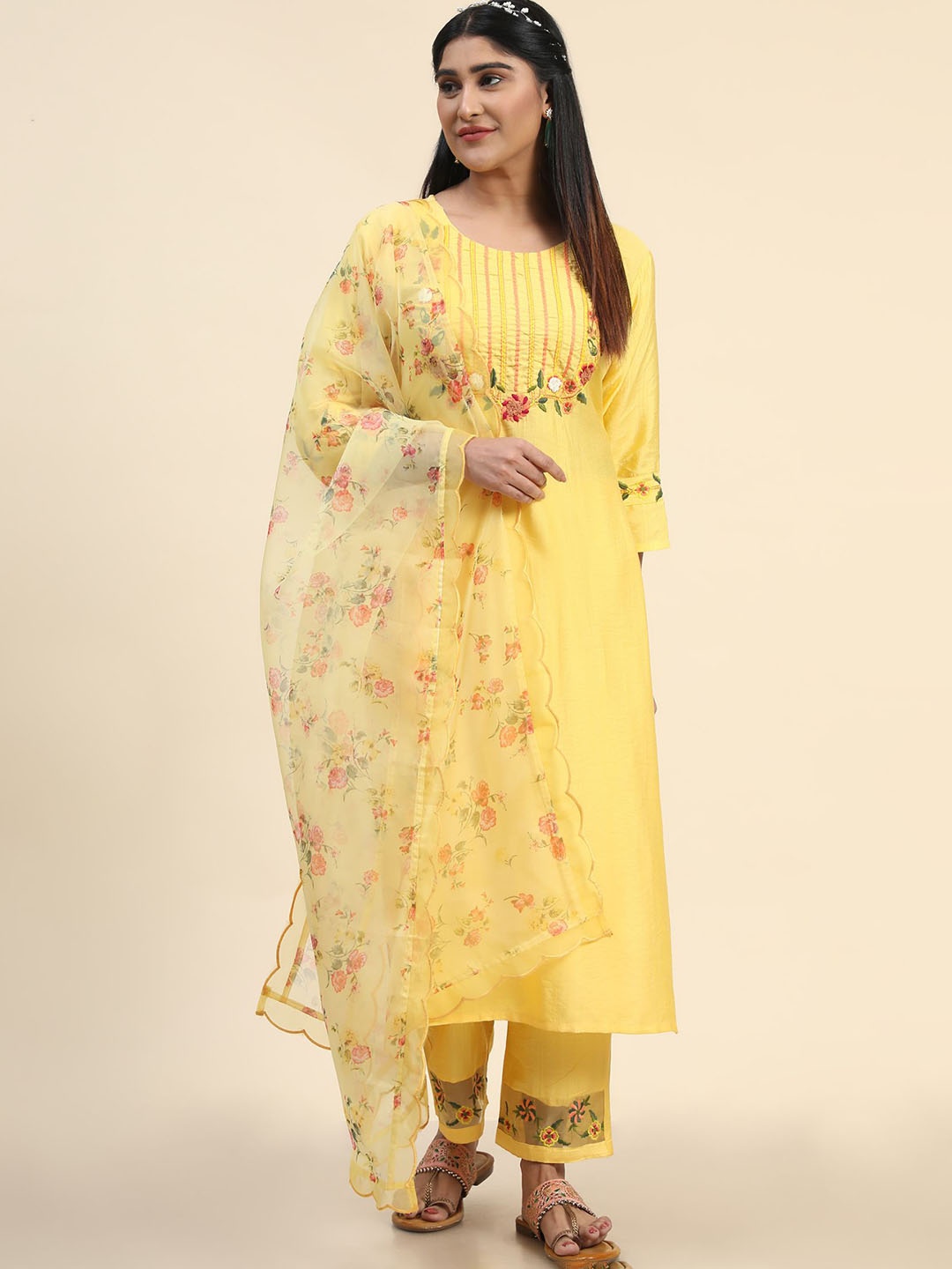 

KALINI Floral Yoke Design Kurta with Trousers & Dupatta, Yellow