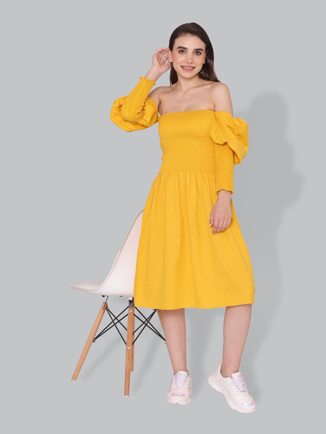 

CUFFS N LASHES Y Off-Shoulder Puff Sleeve Fit & Flare Midi Dress, Yellow