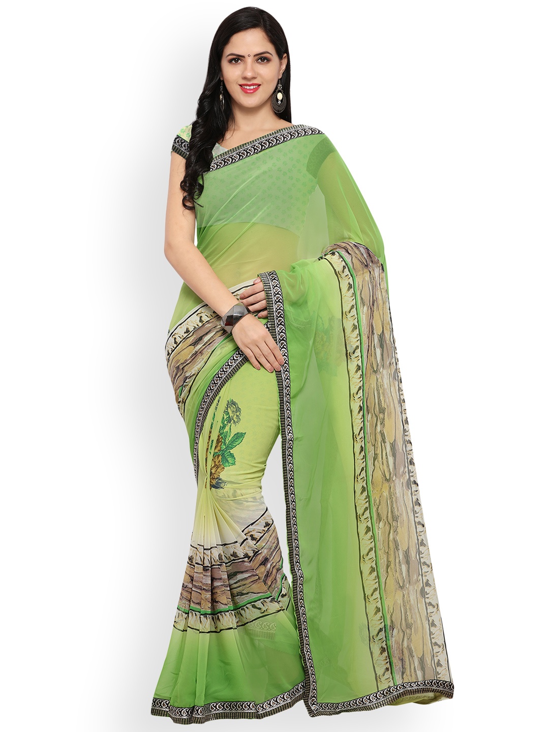 

Blissta Green & Multicoloured Poly Georgette Printed Saree