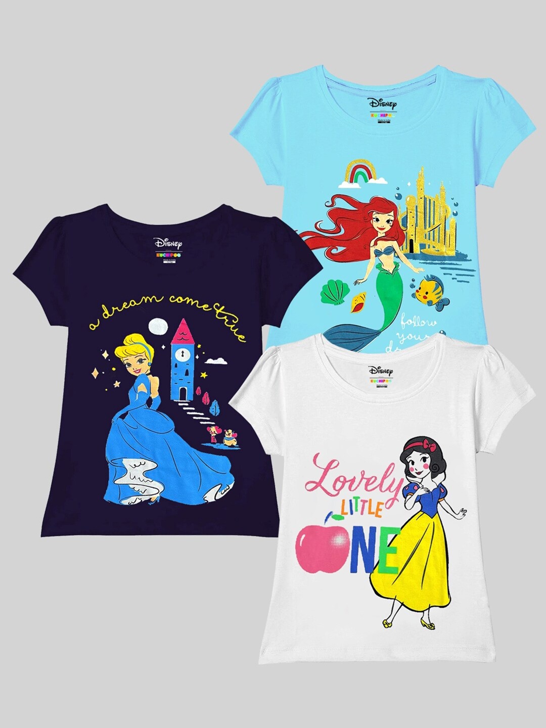 

KUCHIPOO Girls Pack Of 3 Disney Princess Graphic Printed Round Neck Cotton T-shirts, Navy blue