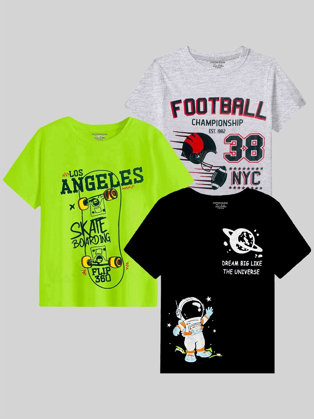 

KUCHIPOO Boys Pack Of 3 Graphic Printed Round Neck Cotton T-shirts, Green
